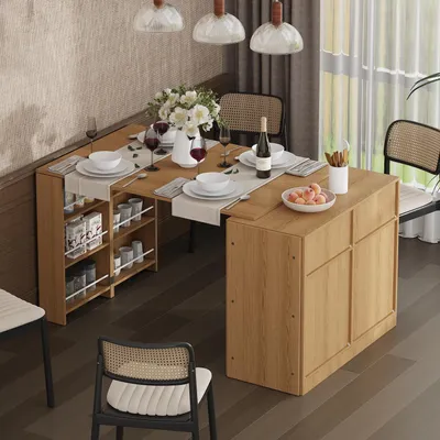 A dining set with a table extension and storage, set in a dining room.