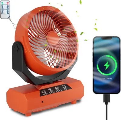 Produktbild von Peviasot Tischventilator,Camping Ventilator, wiederaufladbar, 20000mAh Akku, 4 Geschwindigkeiten, mit Fernbedienung, LED Licht und Haken,für Outdoor, Zelt,Orange