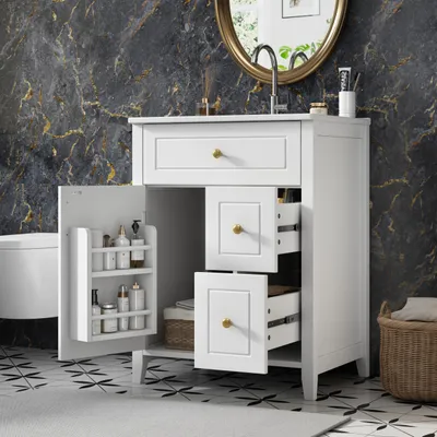 Produktbild von Merax Waschtischunterschrank 61 cm mit 2 Schubladen, Badezimmerschrank mit Keramik Waschbecken und Klappschublade, Regal, Goldgriffe, Weiß