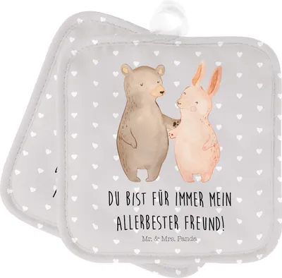 Produktbild von Mr. & Mrs. Panda Topflappen Bär und Hase Umarmen - Grau Pastell - Geschenk, Topflappenset, Ofenlappen, Topfuntersetzer, für Immer, Freund, Freunde, Set, Umarmung