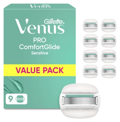 Zdjęcie produktu dla Gillette Venus Pro ComfortGlide Sensitive, dla kobiet, Gillette, Venus ComfortGlide, stal nierdzewna, turkusowy, biały, 9 sztuk
