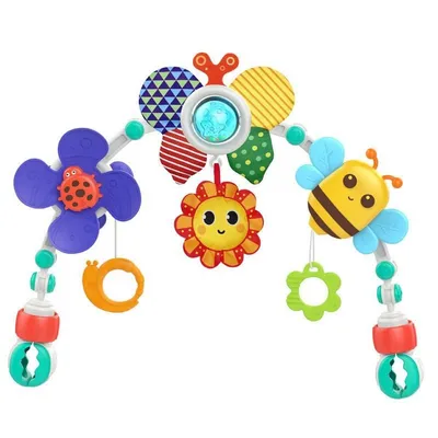 A baby play arch with attached toys, including a flower, sun, and bee.