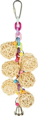 Produktbild von Vogelspielzeug aus Weide mit 6 Snackkugeln und Glocke, 26x9cm, für kleine Vögel