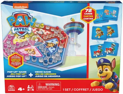 The image shows the packaging of a Paw Patrol 2-in-1 game set, featuring both a Pop-Up game and a Memo game.