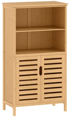 Produktbild von Badezimmerschrank aus Bambus, mit Lamellentüren, 2 Regale, 1 Schrank, 50 cm x 29 cm x 92 cm, Natur