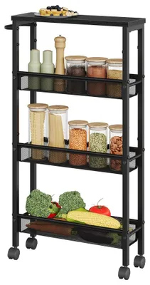 Obrázok produktu pre Úzky kuchynský vozík s 4 policami na kolieskach | Čierna farba | Rozmery: 45,4 x 13 x 77 cm