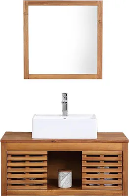 Produktbild von Akazienholz-Wandbadezimmerschrank mit Einzelwaschtisch und Spiegel - 90 cm - PENEBEL