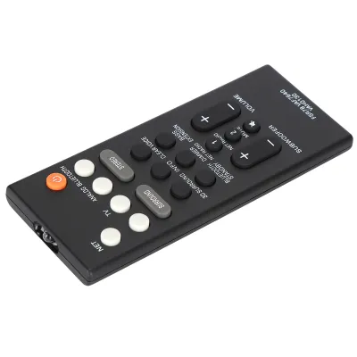 A black remote control for a soundbar is shown against a white background.