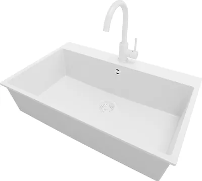 Produktbild von PRIMAGRAN Granitspüle Alles Weiß 78x50cm, Spülbecken 1 Becken + Küchenarmatur 32x20cm + Ablauf-Set, Küchenspüle ab 80er Unterschrank - Riga