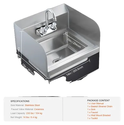 Immagine prodotto di Lavabo industriale, struttura in acciaio inossidabile, rubinetto girevole a 360°, 14x10 pollici