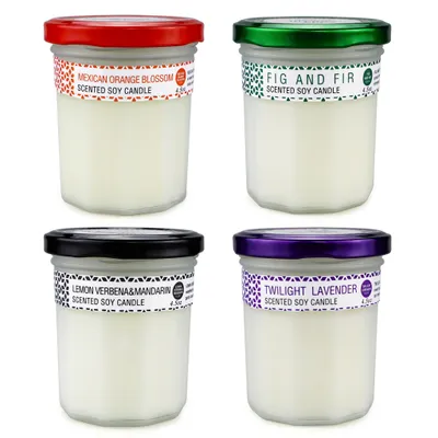 Obrázek produktu pro NAIZY sada 4 vonných svíček ve skleněných dózách - 125 g s levandulí, citronovou verbínou, mexickým pomerančovým květem a fíkem, ideální na večírky, jógu, svatby a dárky