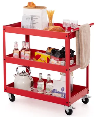 Obrázek produktu pro Dvoupatrový dílenský vozík COSTWAY, kovový vozík na nářadí s rukojetí a kolečky, přepravní vozík pro kancelář (červený)