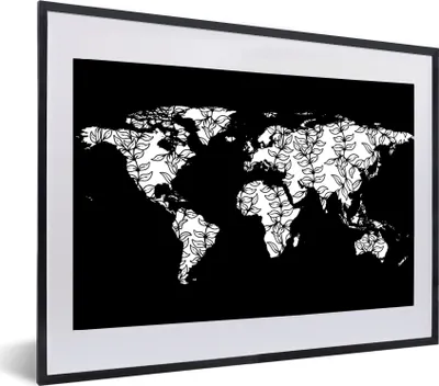 Produktbild von MuchoWow® MuchoWow® Gerahmtes Poster Weltkarte - Schwarz - Weiß - Blätter 60x40 cm - Poster mit zchwarzem Bilderrahmen - Schlafzimmer - Plakat in Rahmen - Drucken