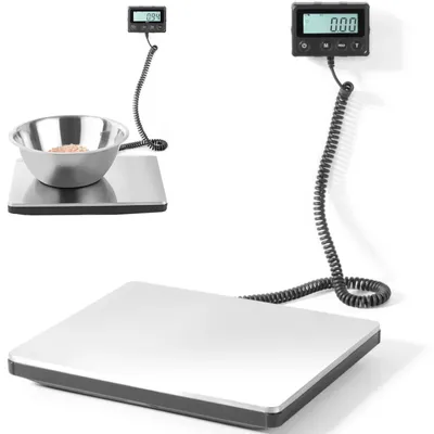 Two digital scales are shown against a white background. One scale has a bowl with food on it, and the other is larger and empty.