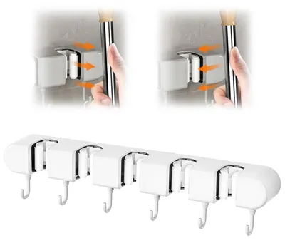 Image de Porte-balai porte-outils mural - Autocollant - 5 supports et 6 crochets - Blanc