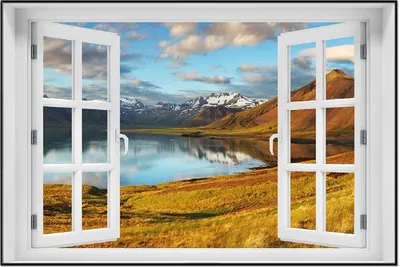 Produktbild von Wallario Wandbild mit Fenster-Illusion: Bergpanorama mit Spiegelung im See, Größe: 61 x 91,5 cm, Poster mit schwarzem Aluminiumrahmen