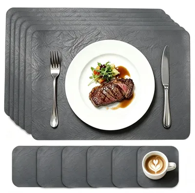 12-tlg. Kunstleder Platzsets, hitzebeständig, rutschfest, grau
