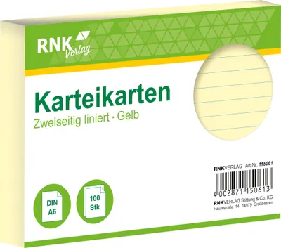 Produktbild von RNK Verlag 115061 Karteikarten - DIN A6, liniert, gelb, 100 Karten
