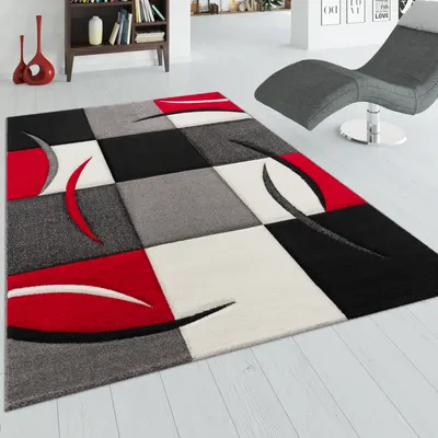 Produktbild von Designer Teppich mit Konturenschnitt Karo Muster Rot Schwarz Grösse 60x110 cm