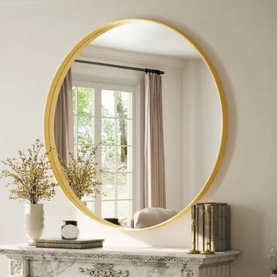 Produktbild von Runder Wandspiegel 120 cm tiefer Metallrahmen Gold gebürstet 3,5 cm Tiefe gehärtetes Glas