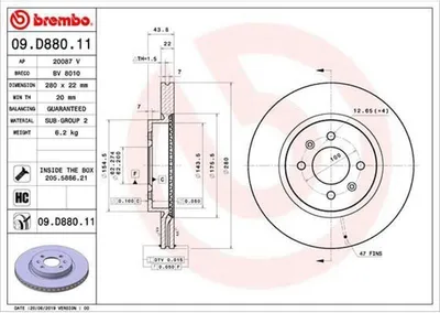 Immagine prodotto di 2x disco freno BREMBO 09.D880.11 per HYUNDAI i20 III (BC3 BI3) 44mm 280mm