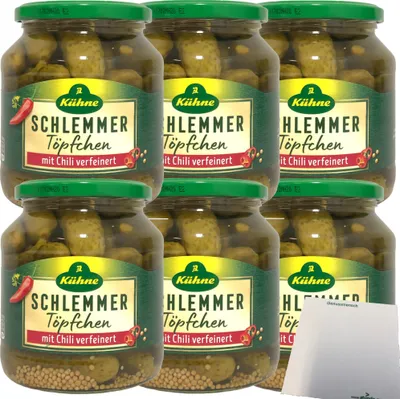 Produktbild von Kühne Schlemmertöpfchen mit Chili verfeinert pikante Cornichons 6er Pack (6x300g Glas) + usy Block