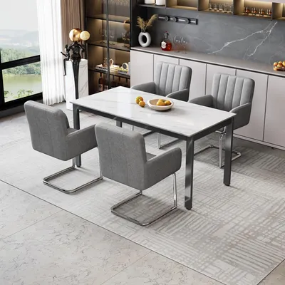 Produktbild von Flieks Polsterstühle 4er Set, Esszimmerstühle Freischwinger 4er Set, Besucherstühle Arbeitsstühle mit Armlehnen und Metallbeinen, PU, Grau