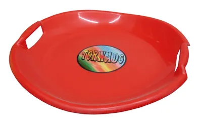 A red plastic saucer sled with handles and a colorful logo.