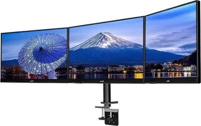 Produktbild von Monitorarm für Schreibtisch – Dreibeinige Halterung – Arbeitsplatzorganisation – Höhenverstellbar – Für drei Monitore – Schwarz