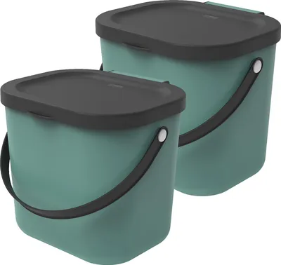 Two teal colored trash bins with black lids and handles are shown side-by-side against a white background.