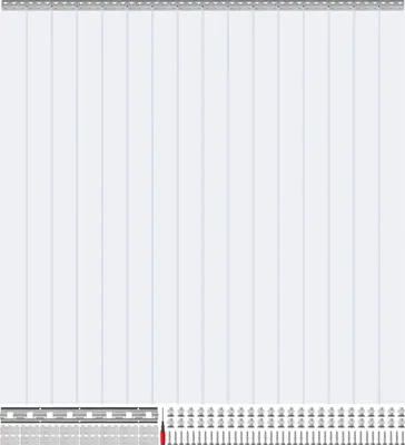A product image showing a roll of clear plastic strips, likely for a door curtain, with a gray header. The strips are arranged vertically and appear to be a continuous roll.