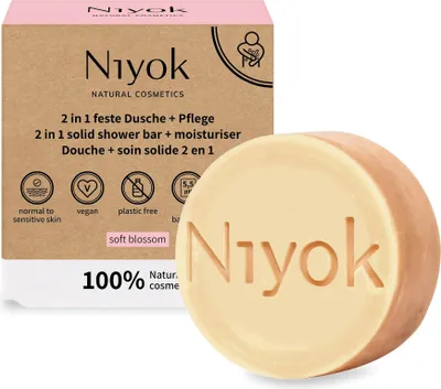 Produktbild von Niyok 2-in-1 Feste Dusche + Pflege "Soft Blossom" (80g) Naturkosmetik Duschseife, Festes Duschgel für alle Hauttypen, Vegane Seife für Körper & Hände