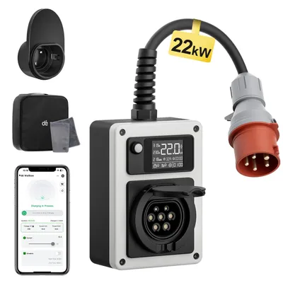 Immagine prodotto di Wallbox portatile da 22 kW - Spina CEE da 32 ampere - Stazione di ricarica trifase per veicoli elettrici