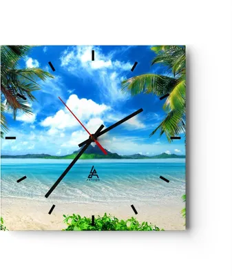 Produktbild von Wanduhr - Quadrat - Glasuhr - Strand Urlaub Insel Palme - 30x30cm - Schleichendes Uhrwerk - Lautlos - zum Aufhängen bereit - Dekoration Modern - Wanddekoration aus Glas - C3AC30x30-2528