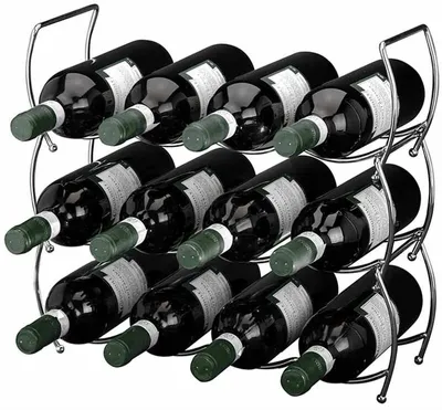 A metal wine rack holding twelve bottles of wine.