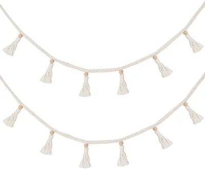 Makramee-Pompon-Girlanden, 2er-Set, beige, 95 cm, Wanddeko