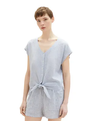 Productafbeelding van TOM TAILOR Denim dames blouse met korte mouwen en strikdetail, gemaakt van linnen, artikelnummer 31715 - Wit B