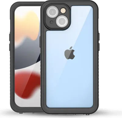 A black protective case for an iPhone 15 is shown against a white background. The back of the case is clear, revealing the Apple logo on the phone.