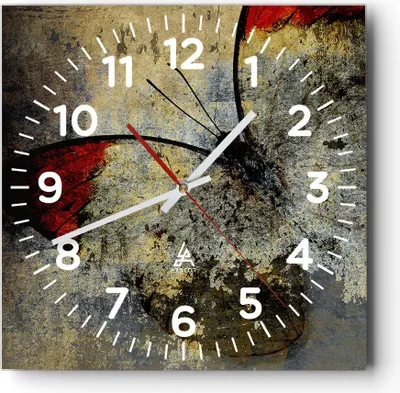 Produktbild von Wanduhr - Quadrat - Glasuhr - Schmetterling Abstraktion - 40x40cm - Schleichendes Uhrwerk - Lautlos - zum Aufhängen bereit - Dekoration Modern - Wanddekoration aus Glas - C4AC40x40-3678