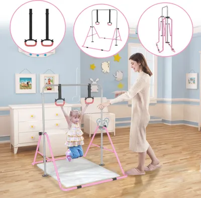 Produktbild von LARS360 Faltbare Gymnastikstange Rosa - Höhenverstellbare Turnstange für Kinder, Indoor Gymnastics Bars mit Zugring, Belastbar bis 140 LBS