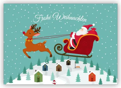 Produktbild von 4x Hübsche Weihnachtskarte mit Weihnachtsmann in fliegendem Rentier Schlitten: Frohe Weihnachten