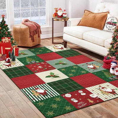 Produktbild von Weihnachtsteppich Rot Schneeflocke Elch 80 x 150 cm rutschfest weich Innenbereich
