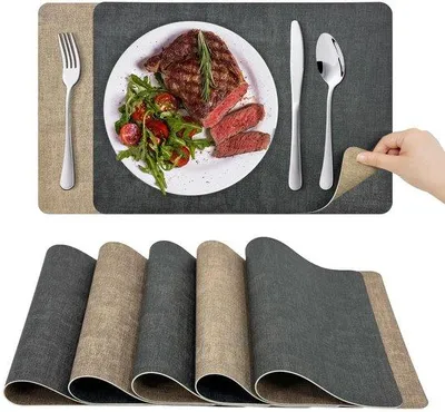 Immagine prodotto di Set da 6 tovagliette e sottobicchieri Unyqoos® – tovagliette impermeabili, a doppio lato, color grigio/pesca, antiscivolo, resistenti al calore fino a 80°C, dimensioni 43x30 cm