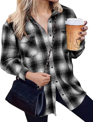 Produktbild von ASKSA Damen Bluse Casual Kariert Hemdjacke Knöpfe Langarmshirt Plaid, Schwarz, S