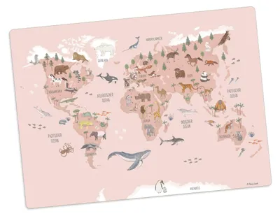 Platzset Weltkarte Tiere rosa 44x32 cm Premium-Vinyl