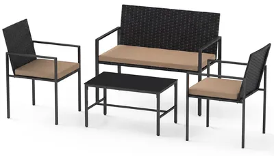 Immagine prodotto di Set da giardino KOMFOTTEU, composto da 4 pezzi: sedie in rattan, divanetto a due posti con tavolino in vetro. Set da esterno con struttura in metallo, cuscini imbottiti, ideale per terrazzi, giardini, piscine e balconi