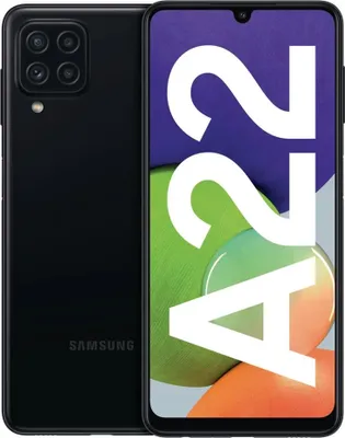 A black Samsung Galaxy A22 smartphone is shown from the front and back.