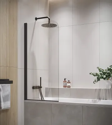 Produktbild von Torino Duschwand Badewanne schwarz 60x140cm 5mm Sicherheitsglas Nanobeschichtung drehbares Aluminiumprofil verdeckte Verschraubung beidseitig montierbar