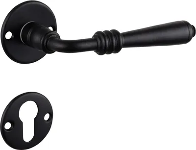 A black door handle set with a keyhole escutcheon plate, presented on a white background.