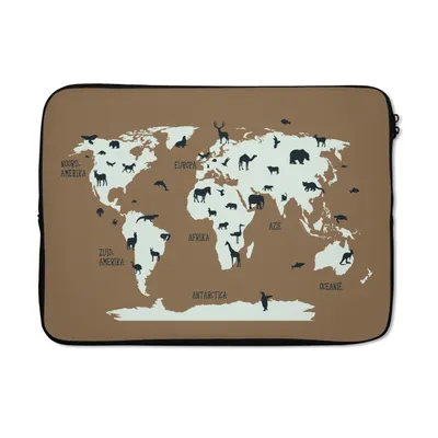 Produktbild von MuchoWow® Laptop Hülle 13 Zoll Weltkarte - Tiere - Braun Laptoptasche - Laptophülle - Sleeve - Rundumschutz
